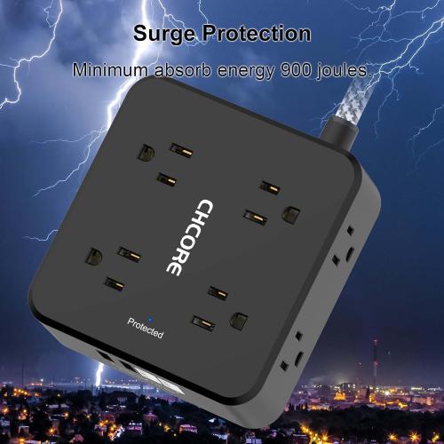Surge Protector Power Strip - CHCORE 6Ft Braided Extension Cord with 8 Outlets with 4 USB (2 USB C) Charging Ports, Flat Plug Multi Plug Outlet Extender Charging Station for Home Office, ETL, Black