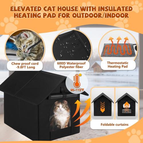 Heated Outdoor Cat House Double Door Heater Cats Shelter, Weatherproof Foldable Heat Kitty House with Kitten Heating Pad Bed for Feral Barn Cat Puppy Outside Pets in Winter