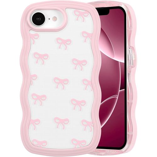 QLTYPRI Bow Case for iPhone 17e / iPhone 16e, Clear Cute Ribbon Bow Phone Case Curly Wavy Aesthetic Phone Case, Slim Soft Transparent Shockproof Protective Cover for Women Girls - Pink