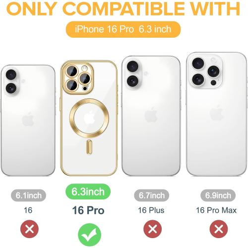 Hython Magnetic Clear for iPhone 16 Pro Case with Camera Lens Protector [Compatible with MagSafe] Luxury Plating Edge Slim Soft TPU Cover Protective Phone Case for iPhone 16 Pro 6.3, Gold