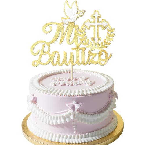 Spanish Mi Bautizo Cake Topper First Holy Communion Cakes Pick Glitter Bless Baptism Cake Decoration Golden Birthday Party Supplies Cross Dove Cakes Deco for Christening Shower Theme Gender Reveal