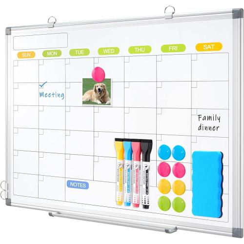 Dry Erase Calendar Whiteboard for Wall, WALGLASS 24 x 18 Magnetic White Board, Monthly Dry Erase Calendar with Silver Aluminum Frame, Double-Sided Hanging Portable Board for Office, Home, School
