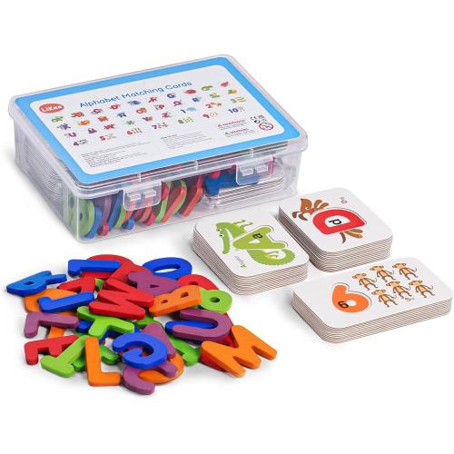LiKee Alphabet Flash Cards Wooden Letter Puzzle ABC Sight Words Matching Games Counting Board Preschool Educational Montessori Toys for Toddlers Boys Girls 3  Years (36 Cards& 37 Wood Pieces)