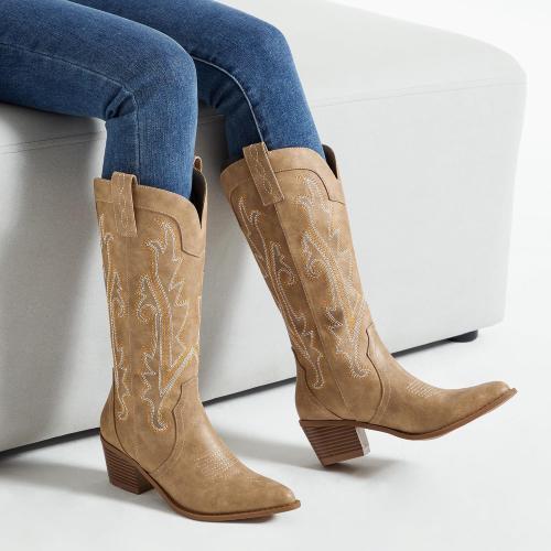 Size 7.5 Athlefit Women's Embroidered Western Cowboy Boots Mid Calf light brown