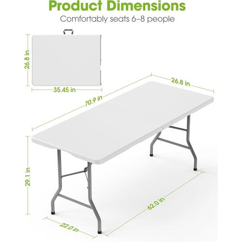 Pureegg 6FT Folding Table - No Assembly Required, Versatile Dining Table with Carrying Handle & Tabletop Safety Lock, Portable Foldable Table for Party, Craft, Camping, Picnic, White