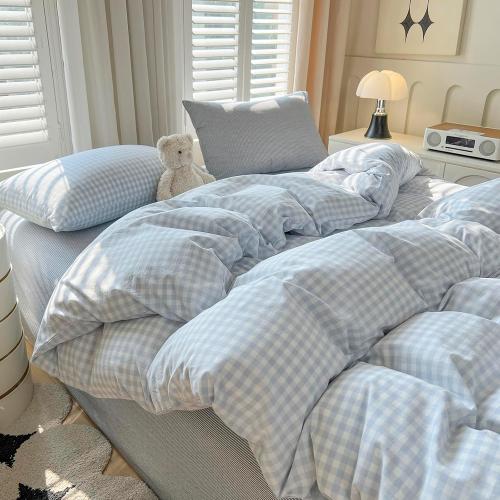 LifeTB Blue Gingham Comforter Set Queen Size Modern Style Plaid Checkered Comforter with 2 Pillowcases Fluffy Soft Grid Bedding Set Farmhouse Gingham Bedding Comforter Set for All Seasons