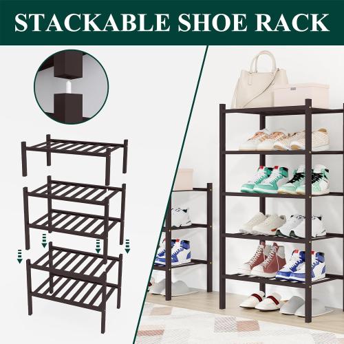 Smiry Bamboo Shoe Rack, 8 Vertical Slats, 2 Tier - 17.3 Wide, Brown