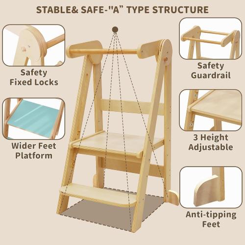 Foldable Toddler Tower Kitchen Step Stool, Folding Tower for Learning with 3 Adjustable Heights, Montessori Toddler Standing Tower Collapsible Step Stool for Kids 1.5-6y Natural