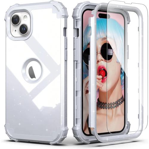 IDweel for iPhone 15 Plus Case with Screen Protector, 3 in 1 Shockproof Slim Fit Hybrid Heavy Duty Hard PC Cover Soft Silicone Bumper Full Body Case (Glitter Grey)