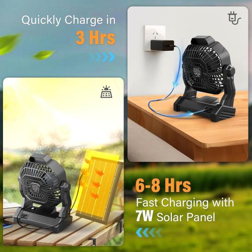 JINLICTE Solar Fan with LED Lantern, Camping Fan with 7W Solar Panel, Rechargeable Solar Powered for Outside, Quiet Battery Operated Tent for Picnic, Barbecue, Fishing, Travel