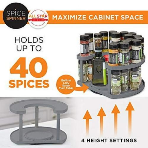 spice spinner two-tiered spice organizer & holder that saves space, keeps everything neat, organized & within reach with dual spin turntables- grey
