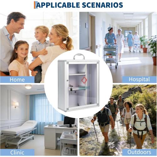 Garvee Large Lockable Medicine Cabinet with Handle,Protable First Aid Cabinet Wall Mount with Sticker for Bathroom,13.78×5.51×16.53,Sliver