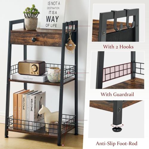 Gewudraw 3-Tier Bathroom Ladder Shelf with Storage Drawer, Rustic Brown