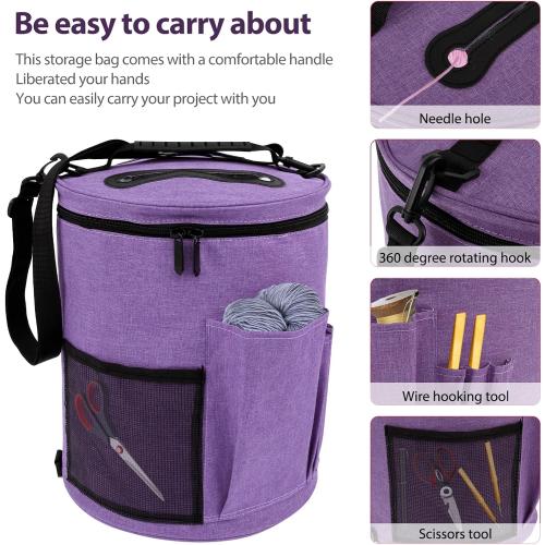 Knitting Bag Yarn Storage, Practical Crochet Bag Organizer with Lid, Portable Yarn Organizer Tote with Handle, Stylish Crochet Bags with Shoulder Strap for Knitting Supplies Crafting (purple)