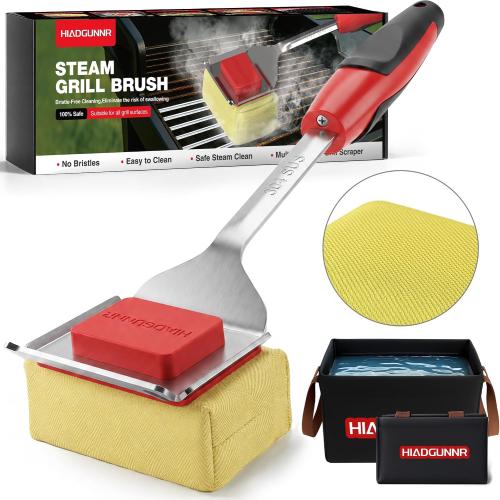 Grill Brush Bristle Free with Collapsible Bucket, BBQ Grill Cleaning Brush for Outdoor with Replaceable Head and Scraper, Safe Non-Metallic Bristles for Cast Iron or Stainless-Steel Grill Tools