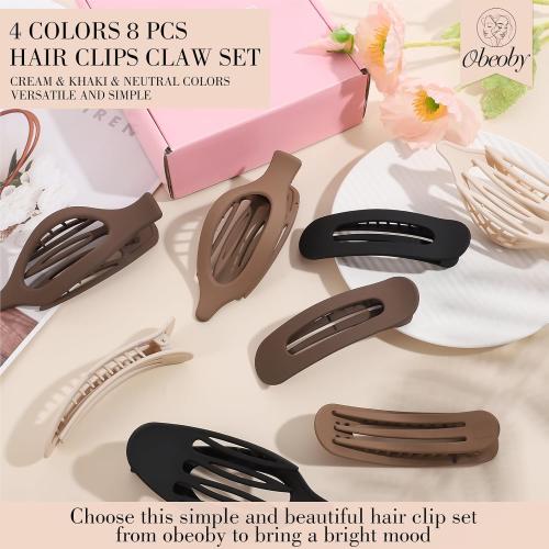 obeoby 8 Pcs Flat Hair Claw Clips For Women Girls, Matte Natural Colors