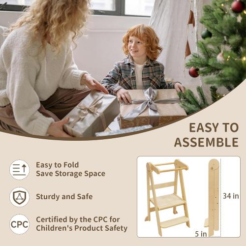 Foldable Toddler Tower Kitchen Step Stool, Folding Tower for Learning with 3 Adjustable Heights, Montessori Toddler Standing Tower Collapsible Step Stool for Kids 1.5-6y Natural