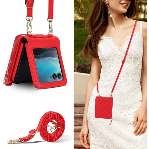 Asuwish Phone Case for Motorola Razr Plus 2023/Moto Razr 40 Ultra Wallet Crossbody Lanyard Strap & Kickstand Hinge Protection Heavy Duty Matte Hard Card Holder Cover Razr    5G XT2321-3 Women Men Red