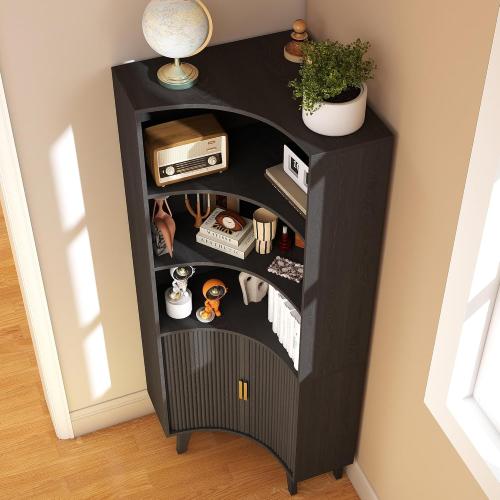 BLACK❗❗❗Tall Fluted Corner Cabinet with Sliding Doors,Storage Cabinet,corner shelf