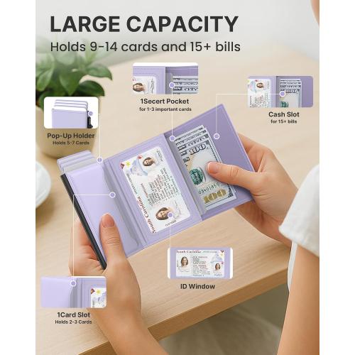 typecase Womens Wallet Card Holder: Pop Up Card Case, Genuine Leather, RFID Blocking, Slim, Minimalist, Thin, Small Size - 9-14 Card Capacity, ID Window, Cash Pocket (Lavender)