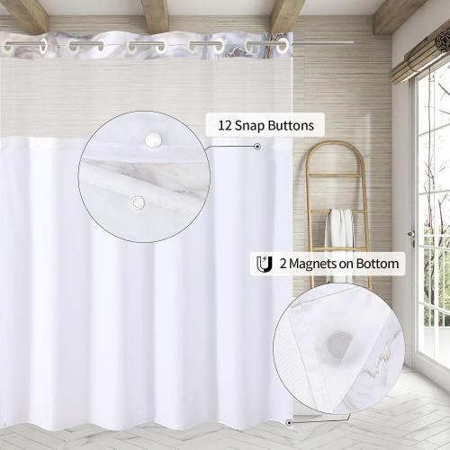 MitoVilla No Hooks Needed Marble Shower Curtain Set with Snap-in Liner, Modern