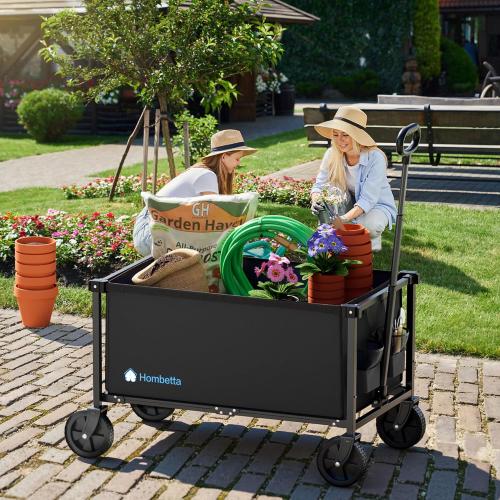 29.3 Collapsible Wagon Cart, 150L Heavy Duty Folding Utility Wagon with Wheels, 260 lbs Load, Portable Rolling Cart for Garden, Shopping, Sports, Camping, Black