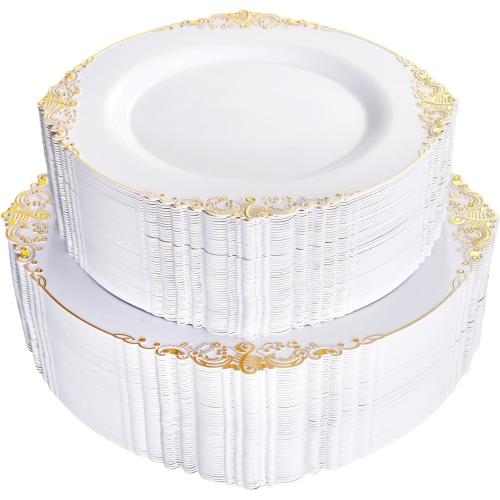 100PCS White Plates with Gold Trim Disposable for Thanksgiving