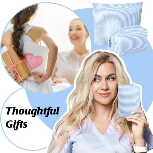 Huhumy 2 Pcs Makeup Bag Set for Women, Blue, Thin Stripe