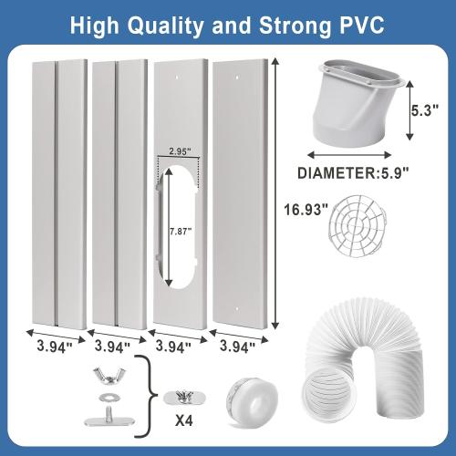 Portable AC Window Vent Kit, Adjustable Vertical/Horizontal Sliding Window Kit Plate for AC Unit, Seamless Portable AC Window Seal With 5.9 Inch Diameter, 59 Inch Length Exhaust Hose