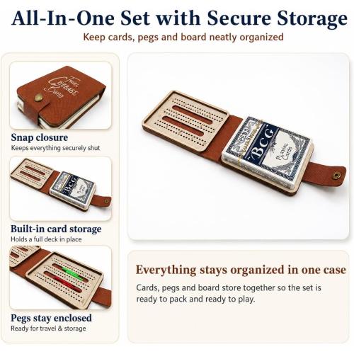 Portable Cribbage Board Set, Premium Leather Foldable Cribbage Game with Playing Card & Pegs, Pocket Size for Camping, Travel, Adventures & Unique Gift for Father's Day, Christmas & Cribbage Lovers