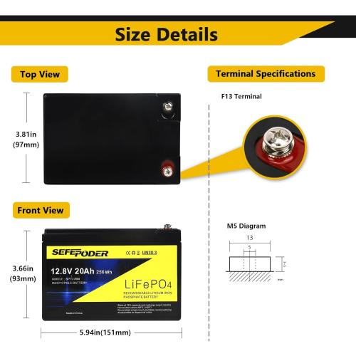 SEFEPODER 12V 20Ah Lithium LiFePO4 Deep Cycle Battery (2 Pack), 4000 Cycles Rechargeable Battery for Lighting, Power Wheel, Fish Finder with and More Built-in 40A BMS(Screw Terminal)