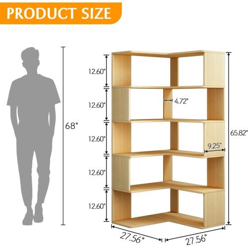 IOTXY 6-Tier L-Shaped Corner Bookshelf, Tall Bookcase, Oak
