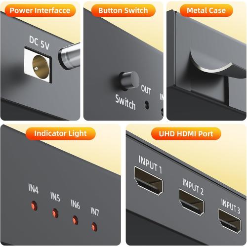 BolAAzuL 7 Port HDMI Switch 7 in 1 Out 4K@60Hz HDMI Selector Box w/Power