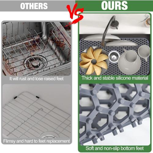 Sink Protectors Mat - 25.79x13.98 Kitchen Sink Pad for Bottom of Basin for Protection of Stainless Steel and Tableware, Farmhouse Rubber Basin Mat Protector with Center Drain - Light Gray