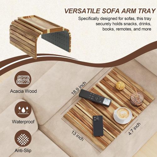 ZUJJAFY Sofa Arm Tray, Acacia Wood Folding Couch Armrest Table, Anti-Falling Armrest Tables Cup Holder for Snacks, Drinks, Beers, Phone, Control, Flexible and Portable, Anti-Slip Bottom