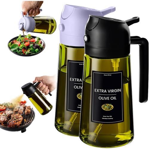 CXINYI - 16oz/470ml Olive Oil Dispenser for Kitchen with Stickers - 2 in 1 Olive Oil Sprayer for Cooking, Air Fryer, and Salad, Black&Purple (Light-Proof Kitchen Gadget)