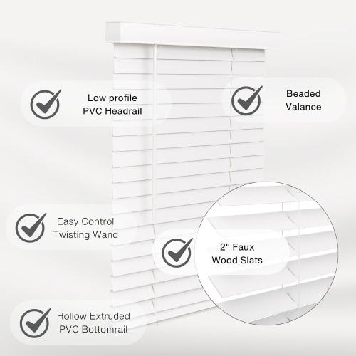 LOTUS & WINDOWARE Cordless Faux Wood Blinds, 34 Wide x 84 Long, Smooth, Snow White, 2 Inch Horizontal Blinds – for Living Room, Bedroom, Interior Door Windows