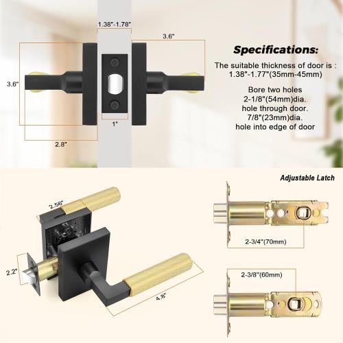 Probrico 2 Pack Brushed Gold Door Handles with Black Lever, Knurled Passage Door Handle for Hallway or Closet Door, Modern Interior Door Handle, Heavy Duty Keyless Lever for Left Right Handed Door