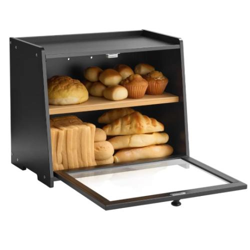 VEVOR Double Layer Bread Box for Kitchen Counter, Large Capacity Bamboo Bread Storage Container Black