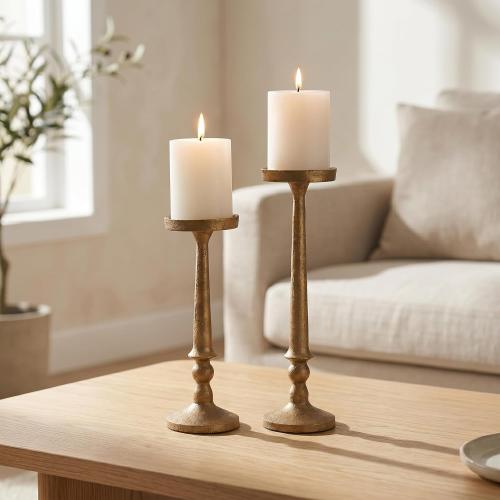 BANOMII Vintage Iron Pillar Candle Holders Set of 2, Antique Brass Gold