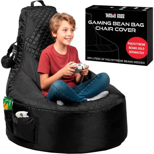 Throne Boss Gaming Bean Bag Chair Cover for Kids with High Back, Black – Floor Gaming Chair Cover, Easy to Clean Fabric, Large Side Pockets, Headphone Hanger, Requires 200 Liters Polystyrene Beans
