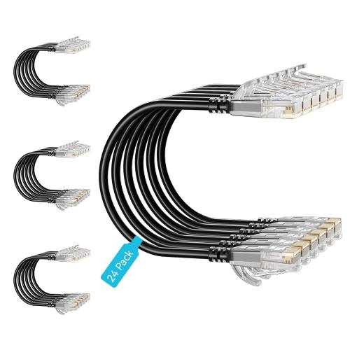Cat6 Slim Patch Cables 1 Feet 24-Pack Black, Cat6a Patch Cables 10Gbps 550MH