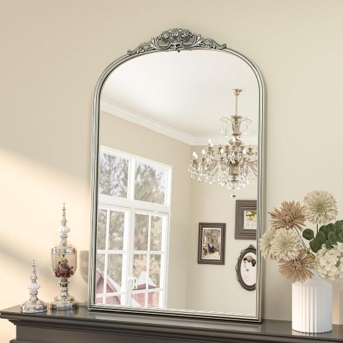 Keonjinn Vintage Mirror 24 x 36, Antique Mirrors for Wall Decor, Silver Arched Decorative Mirror for Mantle, Hallway, Living Room, Fireplace, Bedroom, Bathroom Mirror with French Cleat Mounting