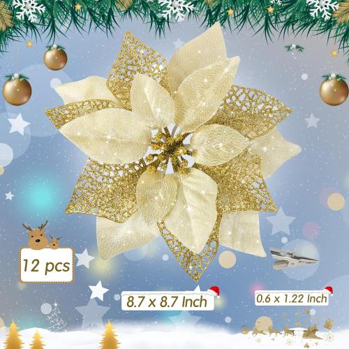 Childom 12 PCS Poinsettia Flower Artificial Poinsettia Christmas Decoration 8.7'' Gold Glitter Poinsettias Christmas Ornaments Xmas Tree Flower Decor with Clips DIY Xmas Wreath Holiday Home Party
