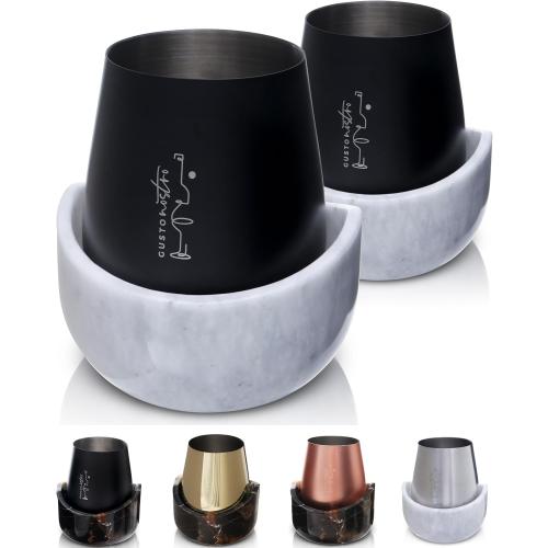 Gusto Nostro White Marble Wine Chiller for Glass and Stainless Steel Tumbler Set of 2 - Freezable Wine Glass Chiller Holder - Cool Set of Chillers and Stemless Metal Wine Tumblers for Home Bar (Black)