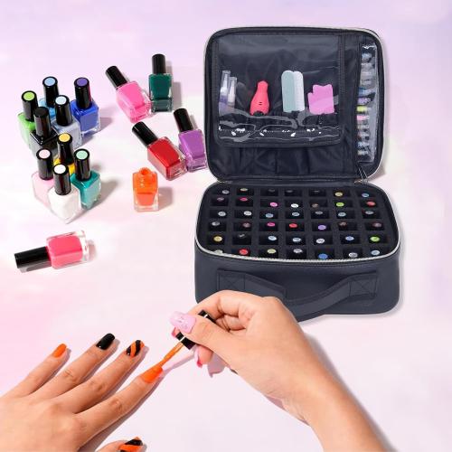 Nail Polish Organizer Holds 42 bottles(15ml-0.5fl.oz)，Nail Polish Carrying Case with Pad Multifunctional Cosmetic Travel Makeup Bag Black