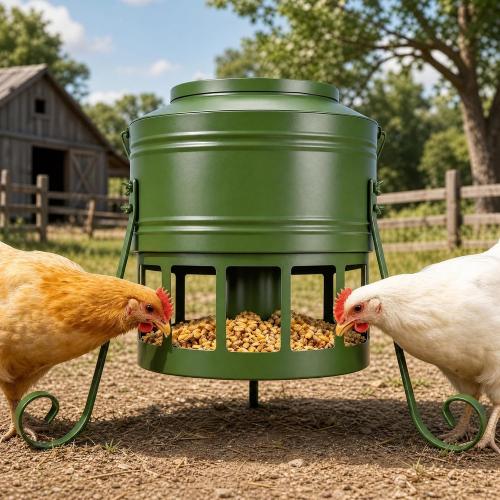 Chicken Feeder No Waste for Coop & Outdoors, 12 Port 20lbs Heavy Duty Metal Chicken Feeder, Poultry Feeder for Backyard Chickens, Smooth Edges for Safe Feeding (Green)