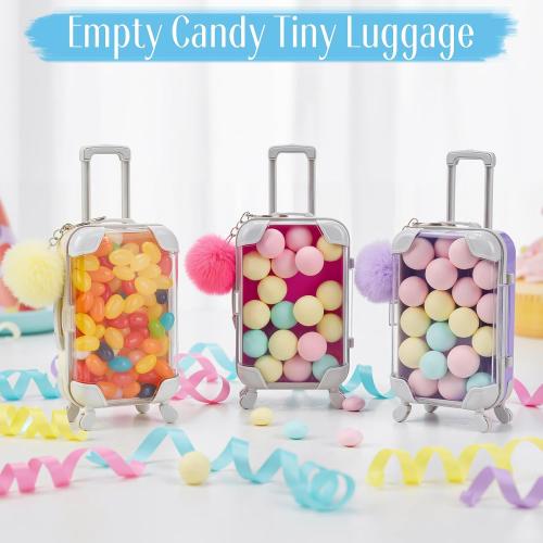 LemonRoad 30 Pcs Mini Suitcase Empty Storage Box and Plush Ball Keychain Candy Luggage Containers Packaging Case for Galentine Bridal Shower Baby Shower Party Favors Travel Gifts (Multicolor)