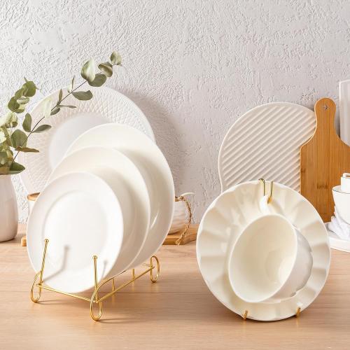 Plate Stands and Cup Holder, 3-Tier Plate Stand for Display and Cup and Saucer Display Stand Holder Metal Dish Rack Cabinet Organizer for Plates Tea Cups Coffee Mug(Gold,8 Pcs)