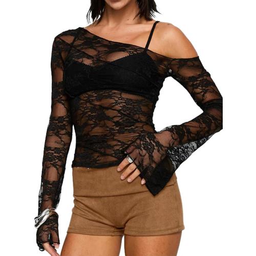 Womens Off The Shoulder Tops Lace Mesh Long Sleeve size M